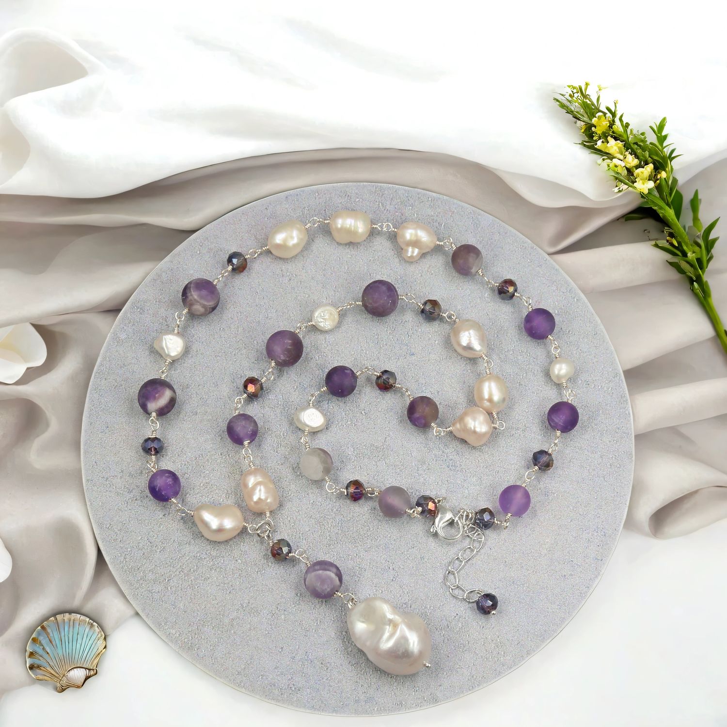 Matte Amethyst and Freshwater Pearls Necklace