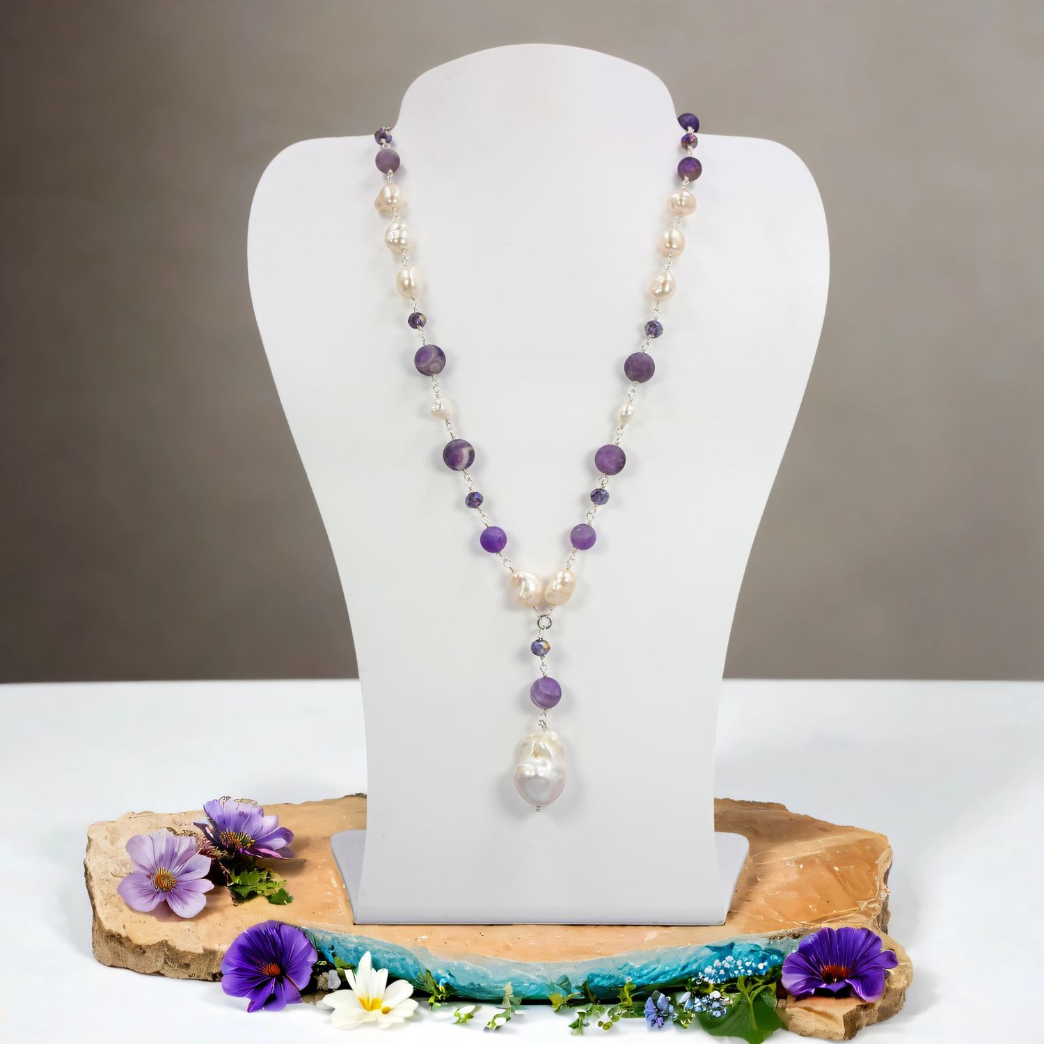 Matte Amethyst and Freshwater Pearls Necklace