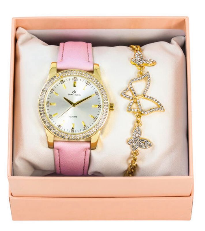 Pink Watch with gold frame Butterly Charm Bracelet