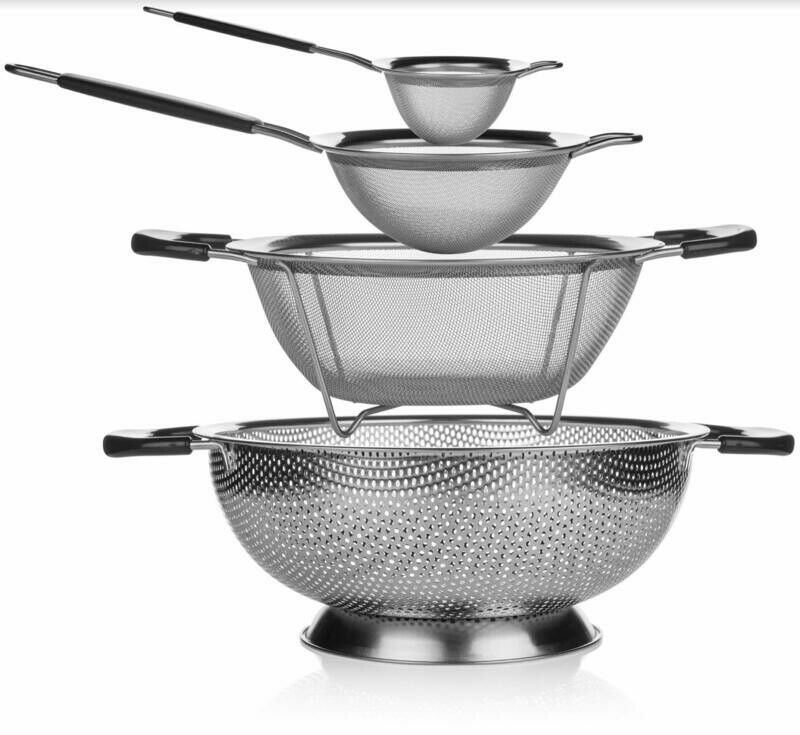 Kitchen Strainer and Colander Set - 4 Piece Stainless Steel Strainers Set Includes Large Colander, Fine Mesh Strainer, Sifter and Sieve - Food Strainers, Spaghetti Strainer