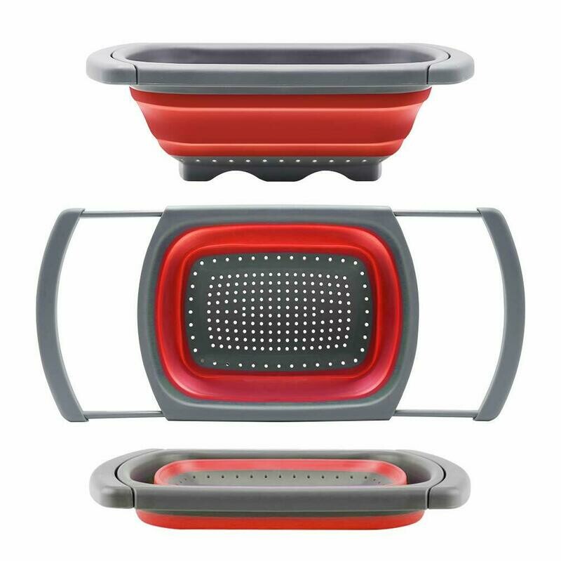 Collapsible, Colander Strainer Over The Sink Veggies/Fruit Strainers and Colanders with Extendable Handles, Folding Strainer for Kitchen, 6-Quart, BPA Free(Red)