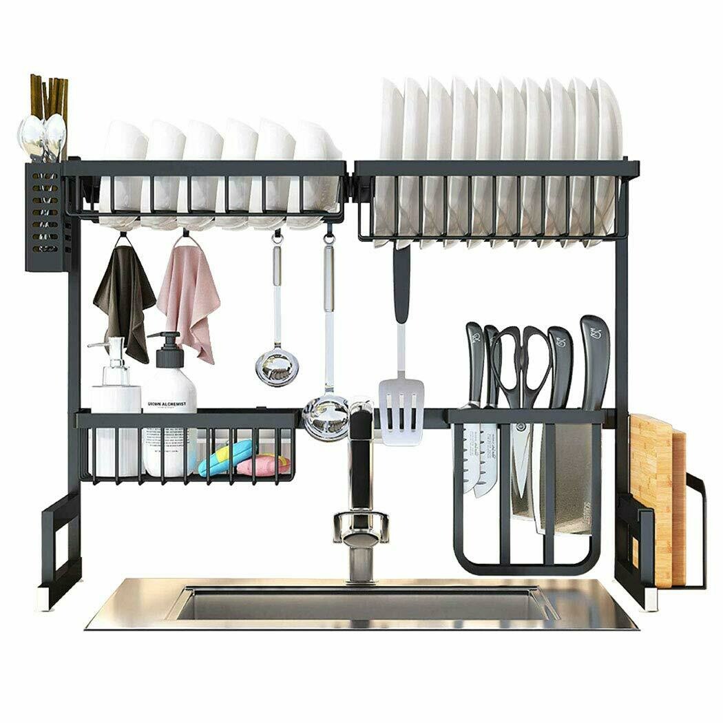 Sink Dish Drying Rack, Large Compact Dish Rack Above Sink with Utensil Holder, Movable Stainless Steel Kitchen Dish Rack, Black