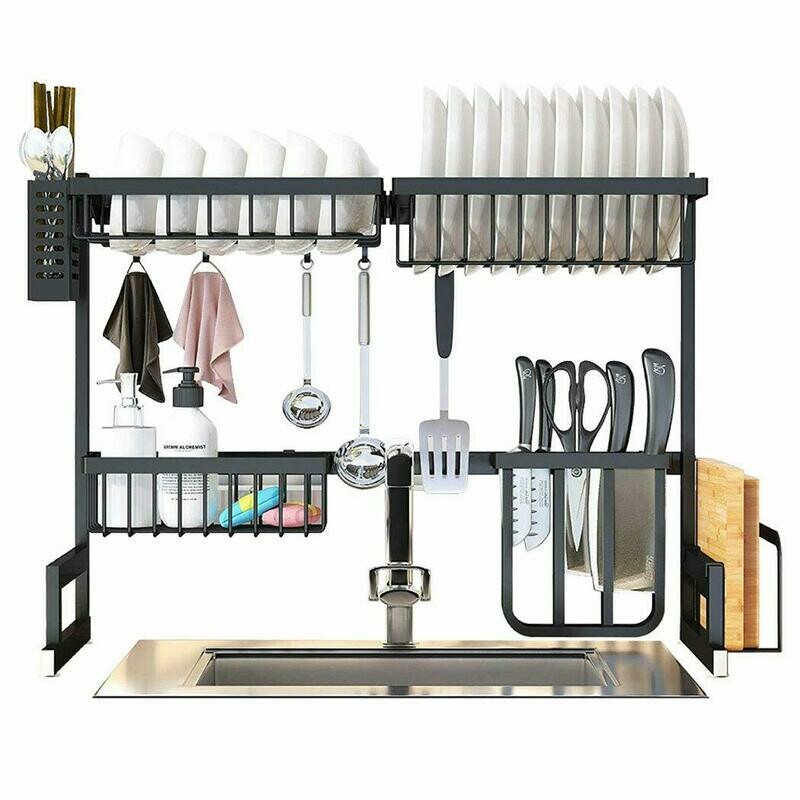 Sink Dish Drying Rack, Large Compact Dish Rack Above Sink with Utensil Holder, Movable Stainless Steel Kitchen Dish Rack, Black