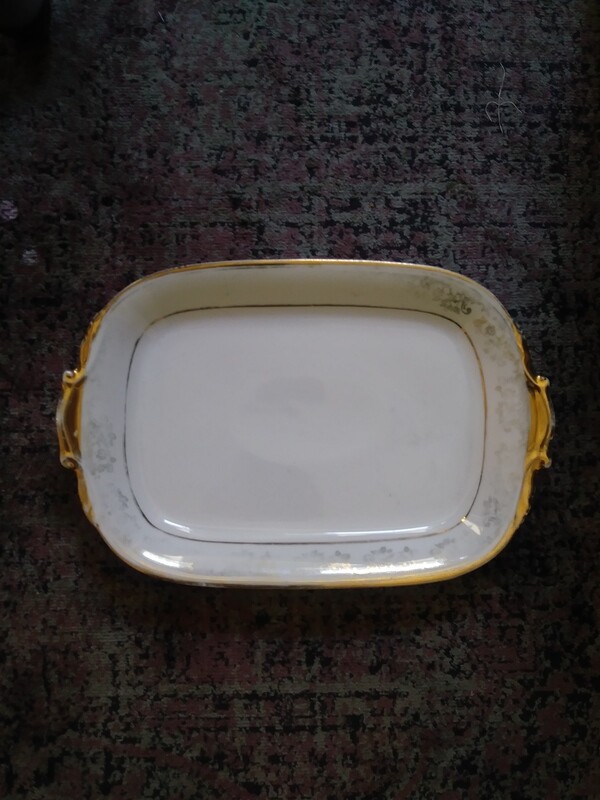 Vintage Porcelain Platter in white with metallic gold accents
