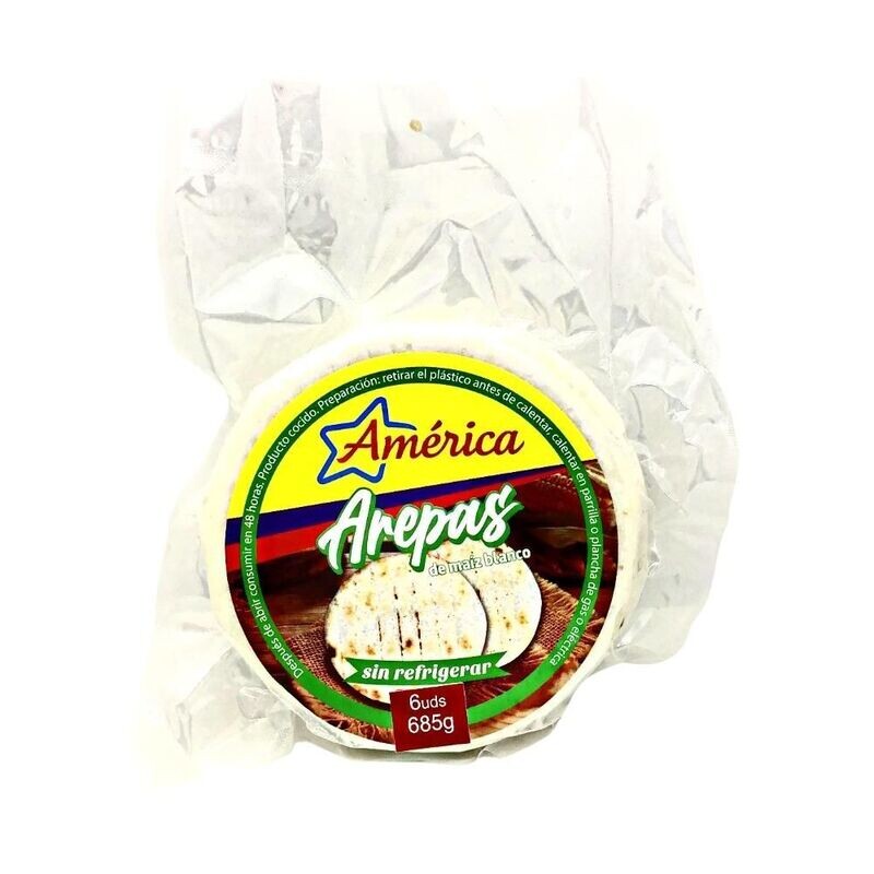 Arepas maiz blanco América sin Refrigerar pack 6 uds x 685 Gr Arepas maiz blanco América sin Refrigerar pack 6 uds x 685 Gr