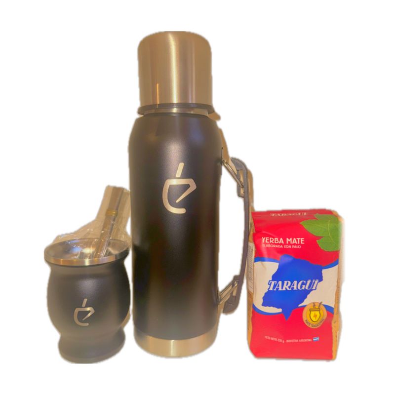 SET Mate en Acero Inoxidable con bombilla, yerba, termo de 1L y cepillo limpiador Negro