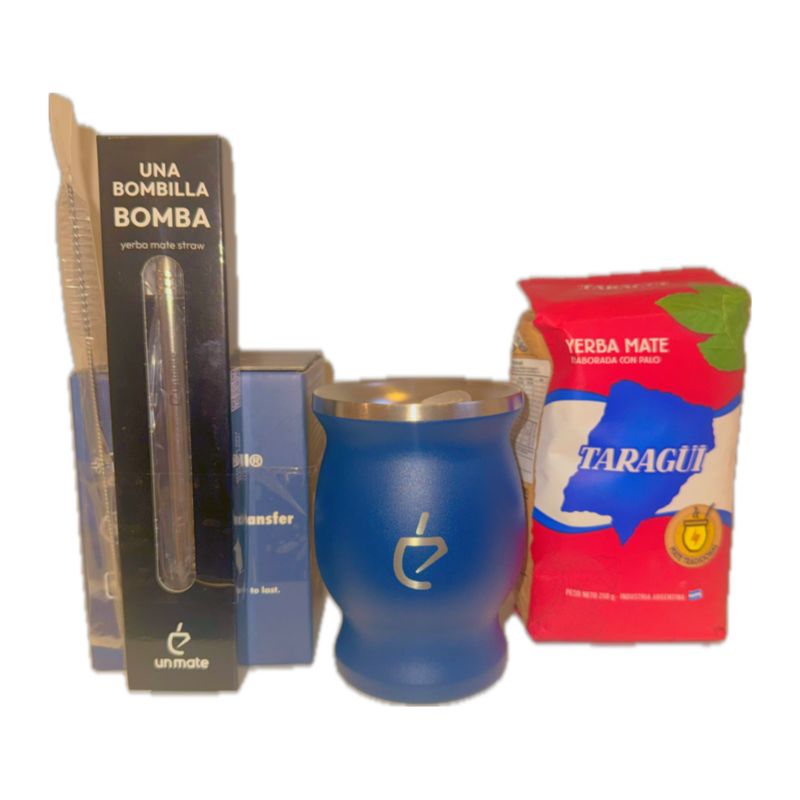 SET Mate en Acero Inoxidable con bombilla, yerba y cepillo limpiador Azul