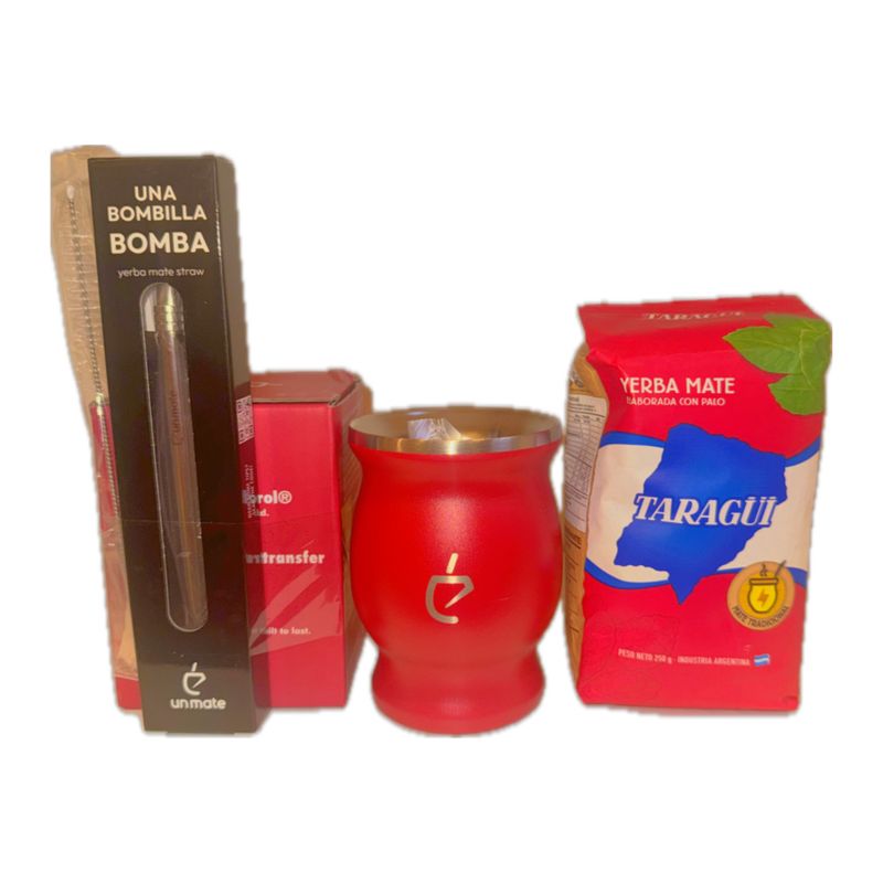 SET Mate en Acero Inoxidable con bombilla, yerba y cepillo limpiador Rojo