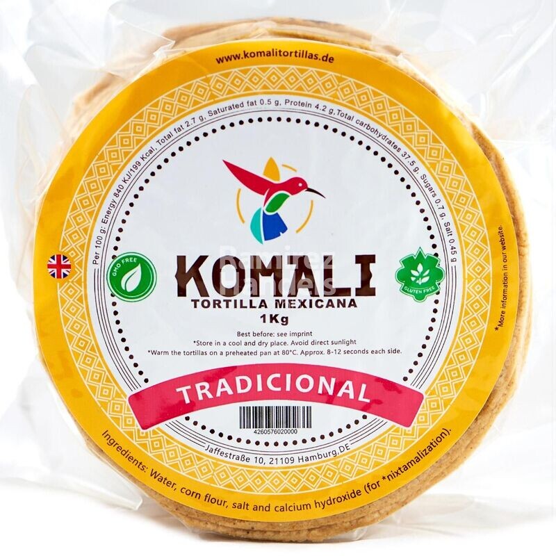 Tortillas de Maiz Komali 15 cm 1KG Gelbe Maistortillas Komali natürlich glutenfrei 15 cm 1kg Nixtamalizadas