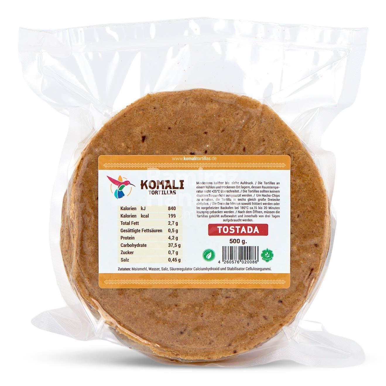 Gelbe Maistortillas Komali TOSTADA ZUM FRITTIEREN 15 cm 500 g (ca. 30 St) Angebot MHD  16.05.2026