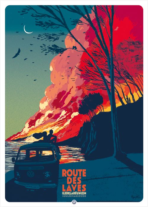 Affiche illustrée de la coulée de lave de mars 2026 à La Réunion, quand  le volcan rencontre la mer. L'éruption du siècle !