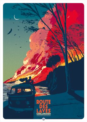 Affiche illustrée de la coulée de lave de mars 2026 à La Réunion, quand  le volcan rencontre la mer. L'éruption du siècle !