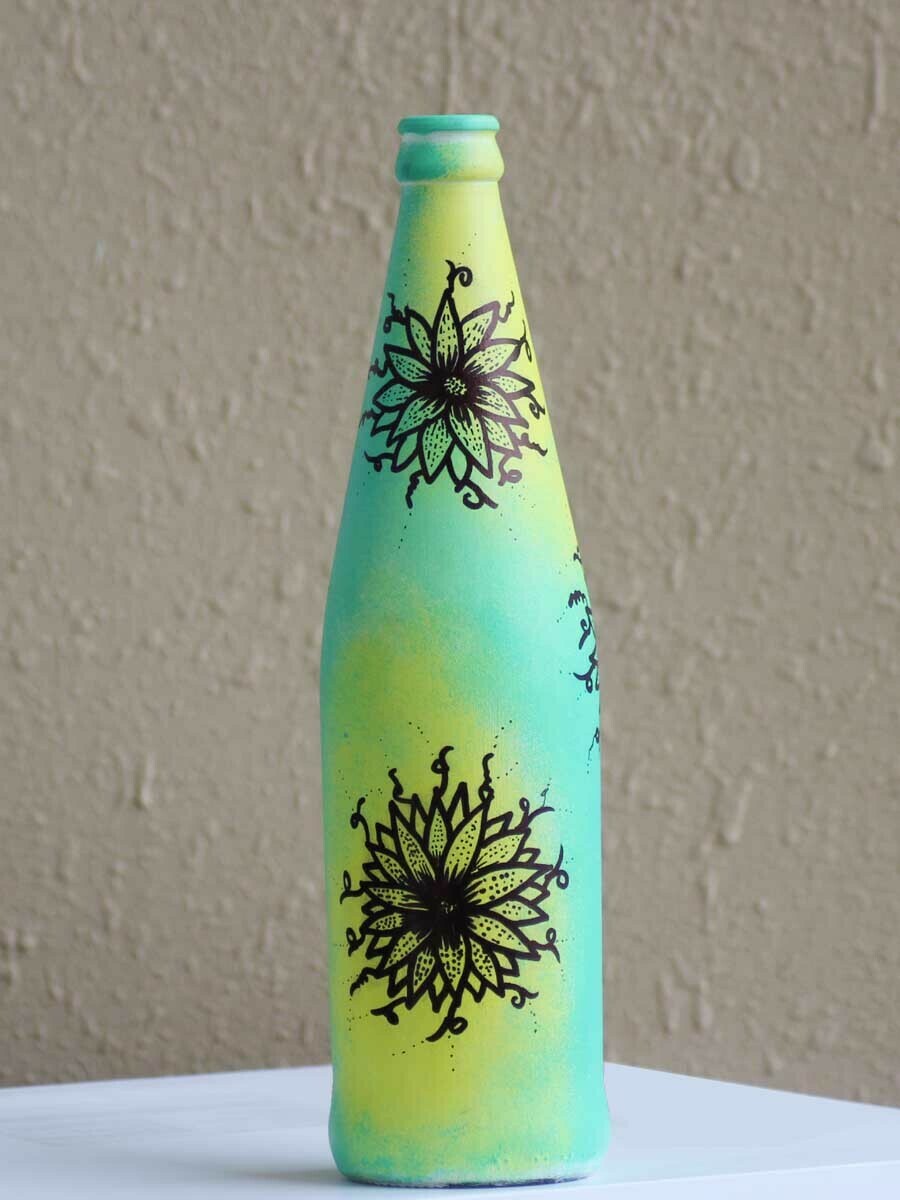 Handpainted Green and Yellow Floral Bottle