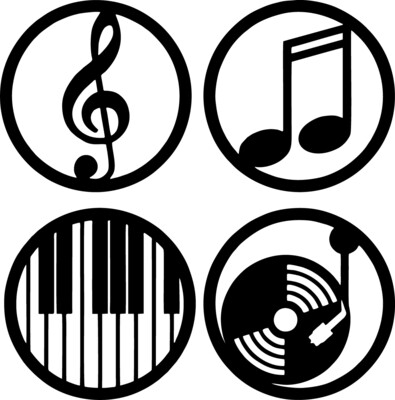 Symbols of Music in Black Color Design Wooden Wall Hanging (Pack of 4)