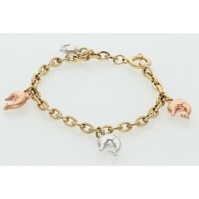 14 Karat Gold Dolphins 3 Tone Charms Rolo Bracelet 14 Karat Gold Dolphins 3 Tone Charms Rolo Bracelet