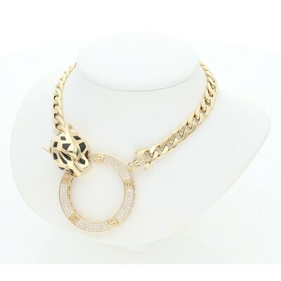 14 Karat Gold & Zirconium Fancy Hoop Panther Miami Cuban Link Necklace