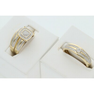 14 Karat Gold & Diamond Two Lines Square Circle Wedding Trio Set Rings