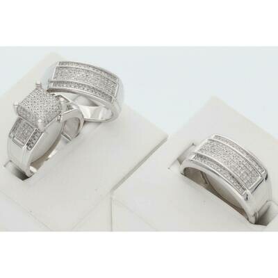 14 Karat White Gold & Diamond Fancy Square Three Line Wedding Trio Set Rings
