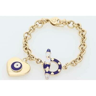 14 Karat Gold Heart Blue Eye Rolo Bracelet 7.4mm x 7