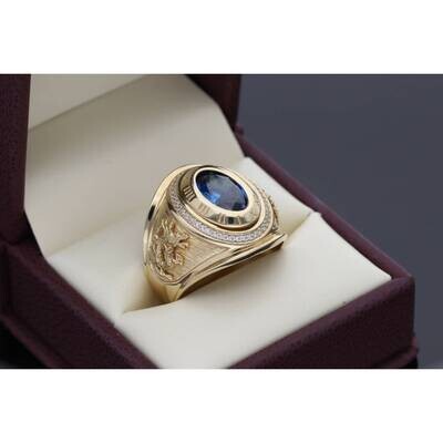 14 Karat Gold Cz Oval Blue Stone, Dragon & Roman Numeral Ring S:11 W:12.8