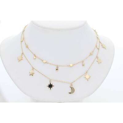 14 Karat Gold Rolo Star Moon Necklaces 0.6mm 16