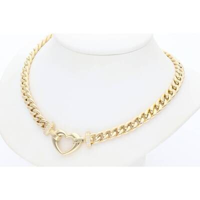 14k Gold & CZ Heart Miami cuban Neck 6.2x18 W:19 14k Gold & CZ Heart Miami cuban Neck 6.2x18 W:19