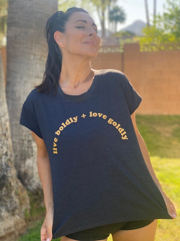 love boldly + live goldly. Triblend raw edge muscle tee xs-xl