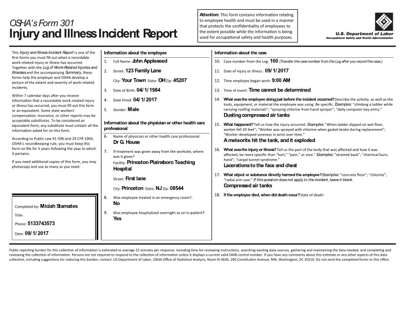 OSHA Form 301 - Injury and Illness Incident Report