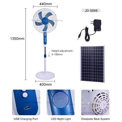 ABANICO SOLAR RECARGABLE, LUZ Y CARGADOR CELULAR y ADAPTER ( no incluye control remoto)