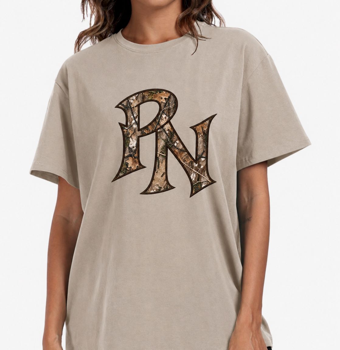 PN WOMEN'S OVERSIZED TAN TEE W/CAMO PRINT