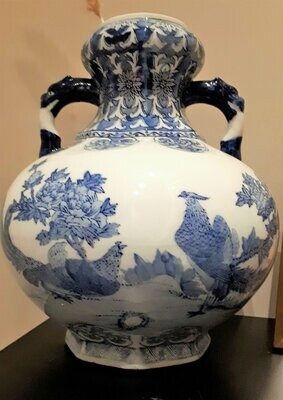 Chinese vaas groot in blauw/wit met vogels en ornamenten