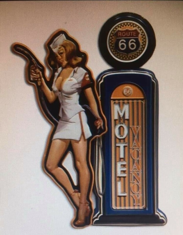 Enseigne non lumineuse pin-up avec pompe RT66 motel