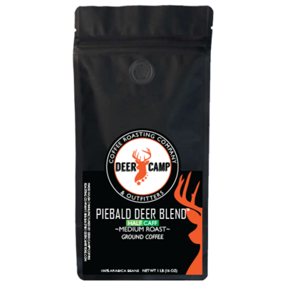 DEER CAMP Coffee Half & Half -  Piebaid Leucistic Deer Blend  Medium/Medium Decaf 1 lb. 