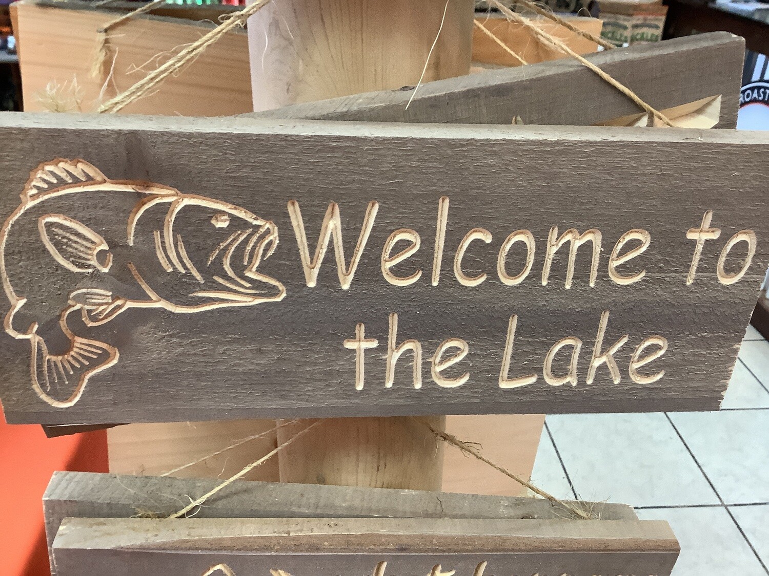 DEER CAMP™ Wood Sign Welcome To The  Lake Fish Logo