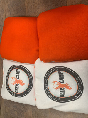DEER CAMP™ Corn Hole Printed DEER CAMP® Coffee Roasting Company Logo White and Blaze Orange  Set 4