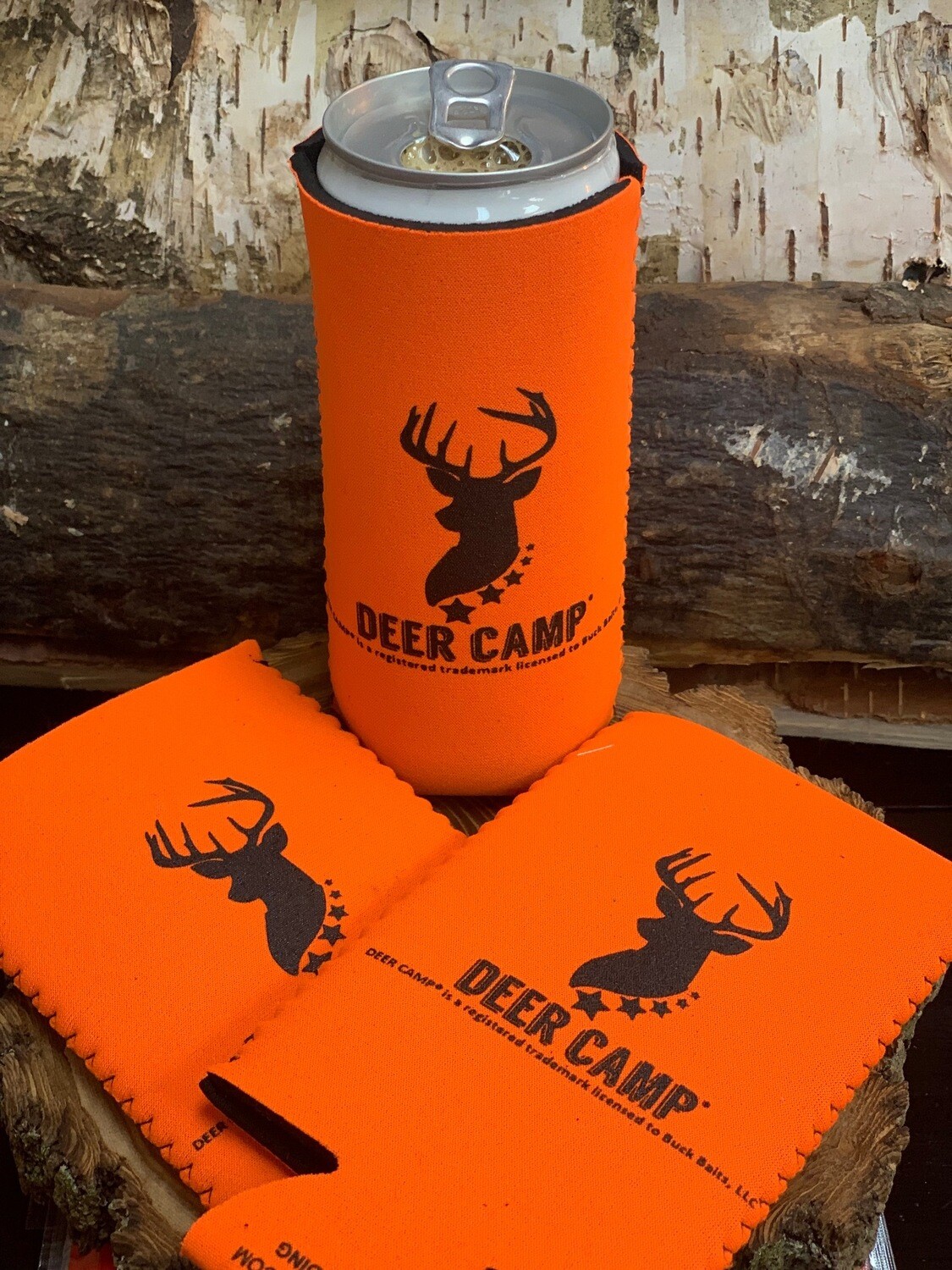 DEER CAMP® Buck Pole™ Slim Insulated Beverage Can Sleeve Blaze Orange With Black Lettering
