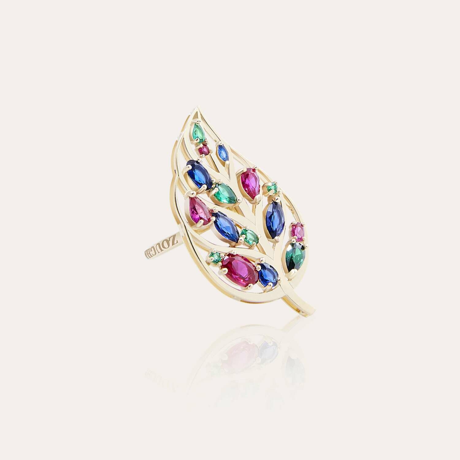 Leaves Gold Ring with Colored Stones