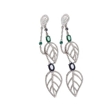 Leaves Diamond Earrings With Sapphire and Emerald