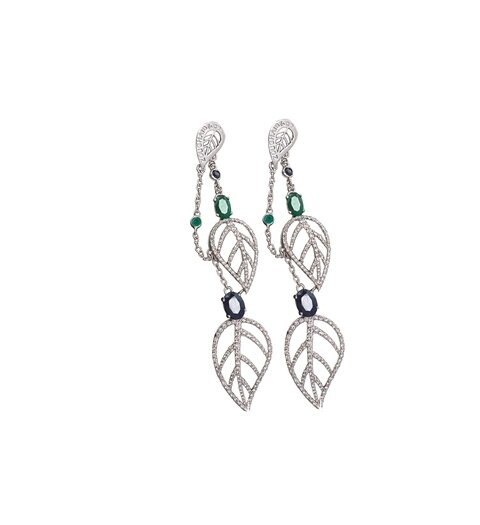 Leaves Diamond Earrings with Emerald and Sapphire