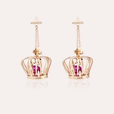 Crown 3D Gold Earrings with Colored Stones