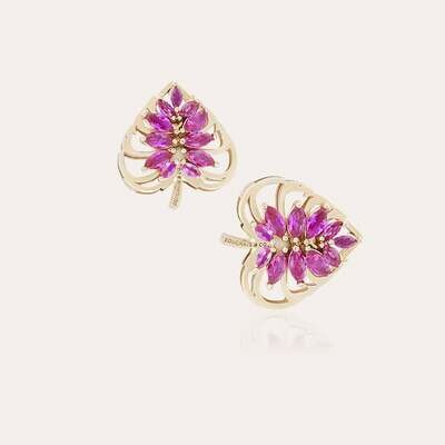 Leaves Gold Earrings Heart with Colored Stones Leaves Gold Earrings Heart with Colored Stones