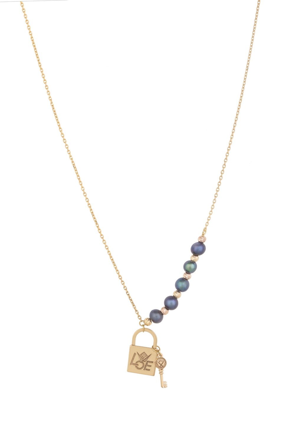 Gold Key Lock Necklace with Grey Pearl 