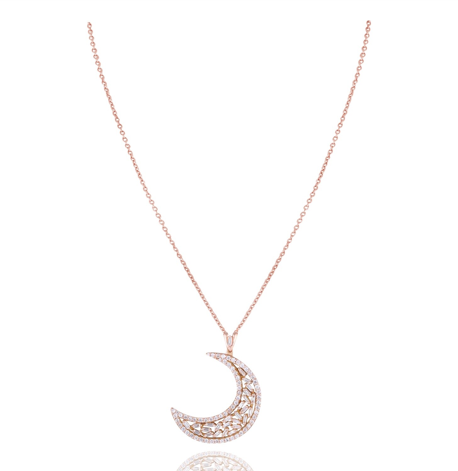 Crescent Moon Diamond Necklace with Baguette Diamond