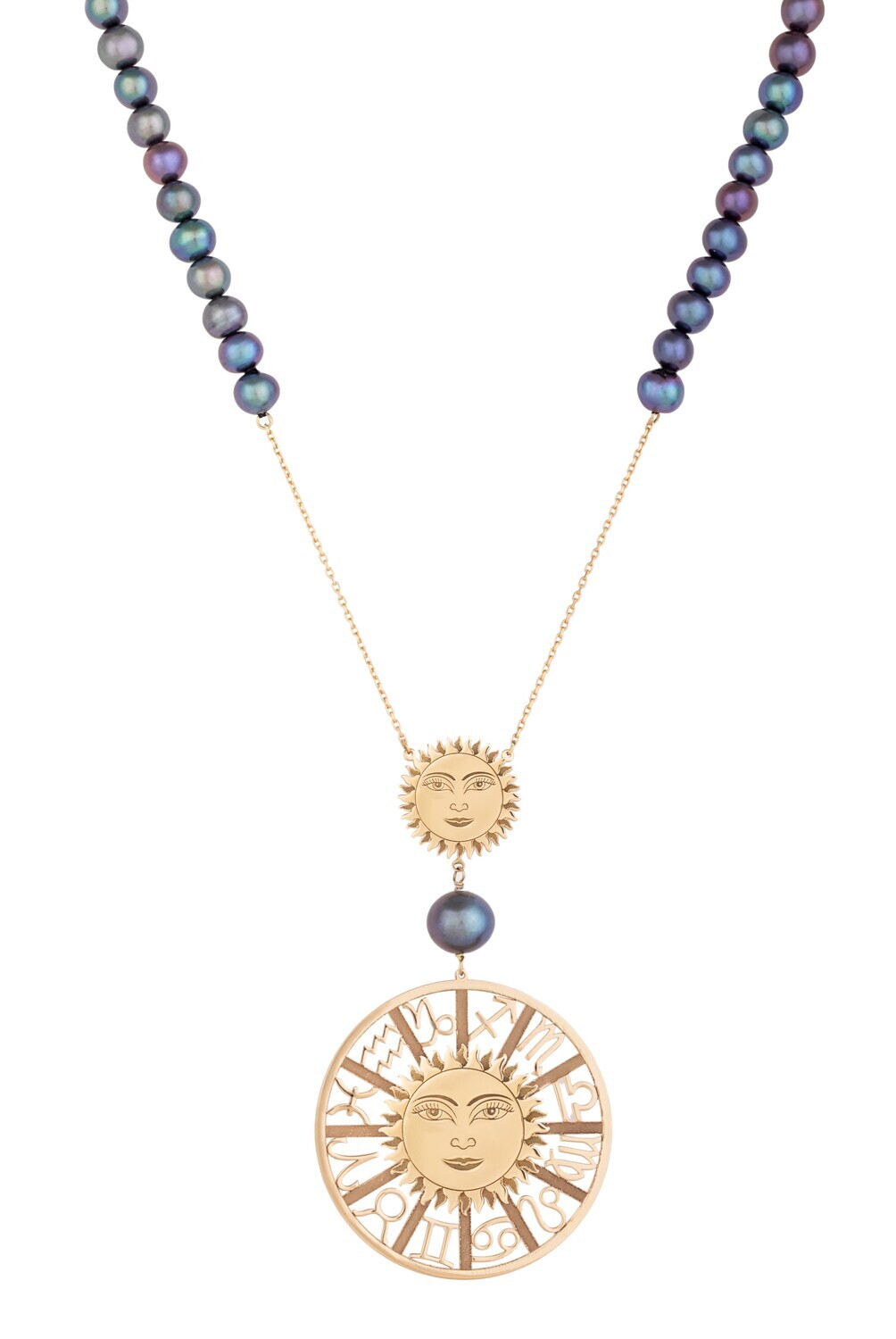 Zodiac Gold Necklace Sun Face with Pearls