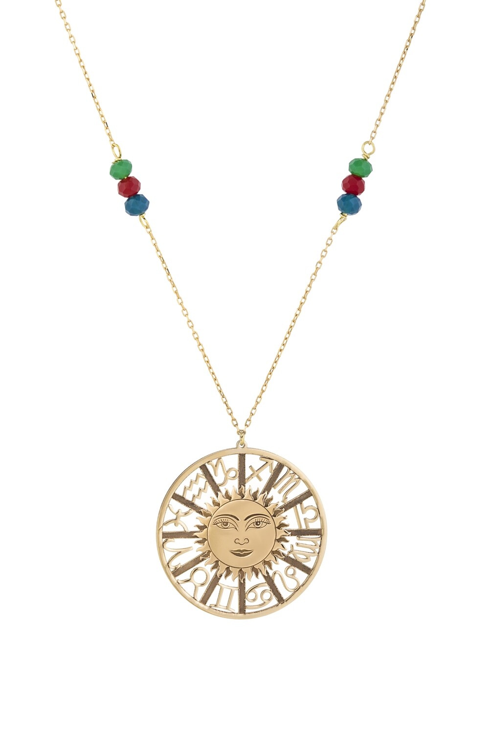 Zodiac Gold Necklace Sun Face with Colored Beads
