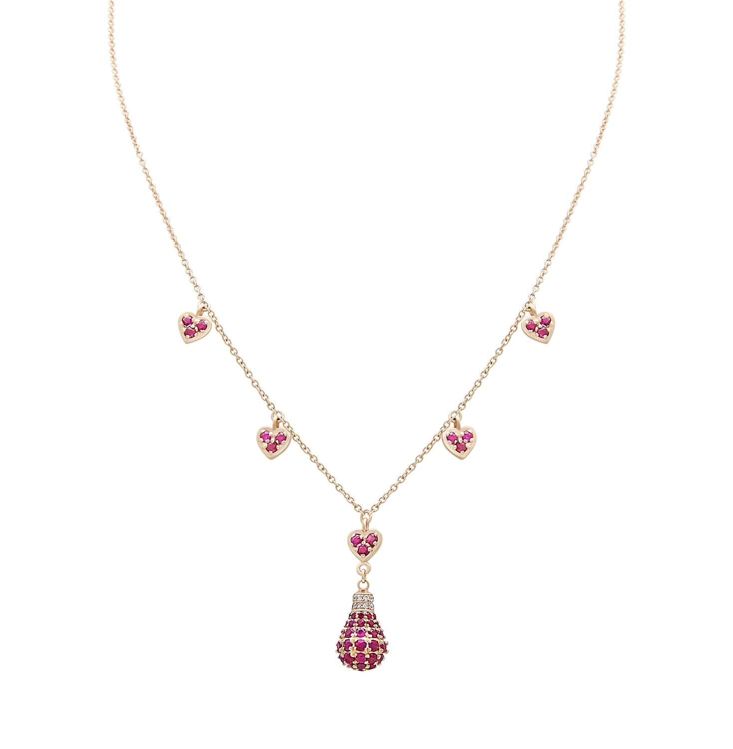 Light Diamond Necklace with Ruby Hearts