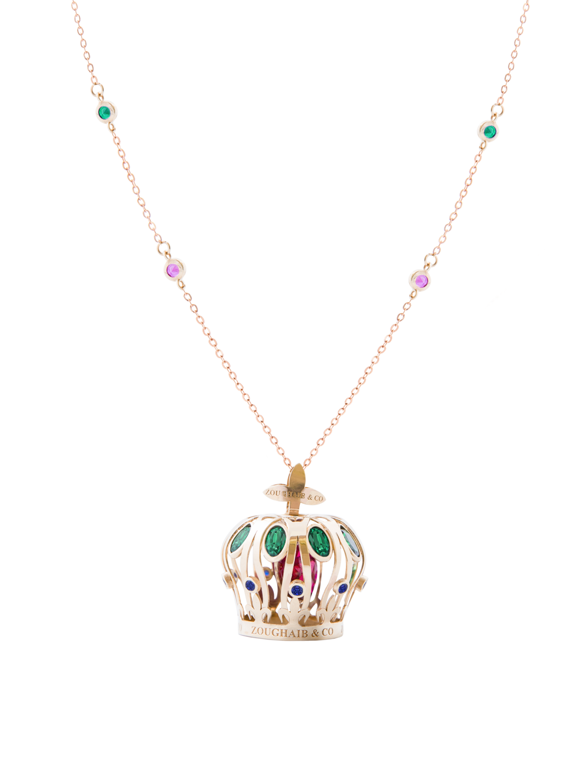Crown 3D Gold Necklace with Colored Stones