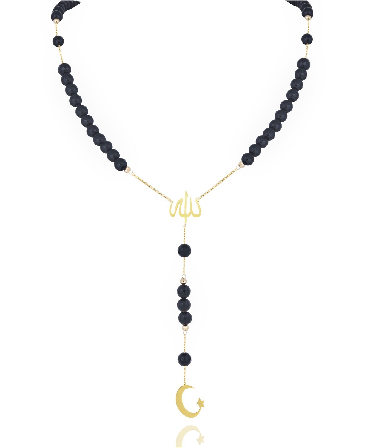 Men Gold Allah Crescent Moon Necklace with Precious Beads