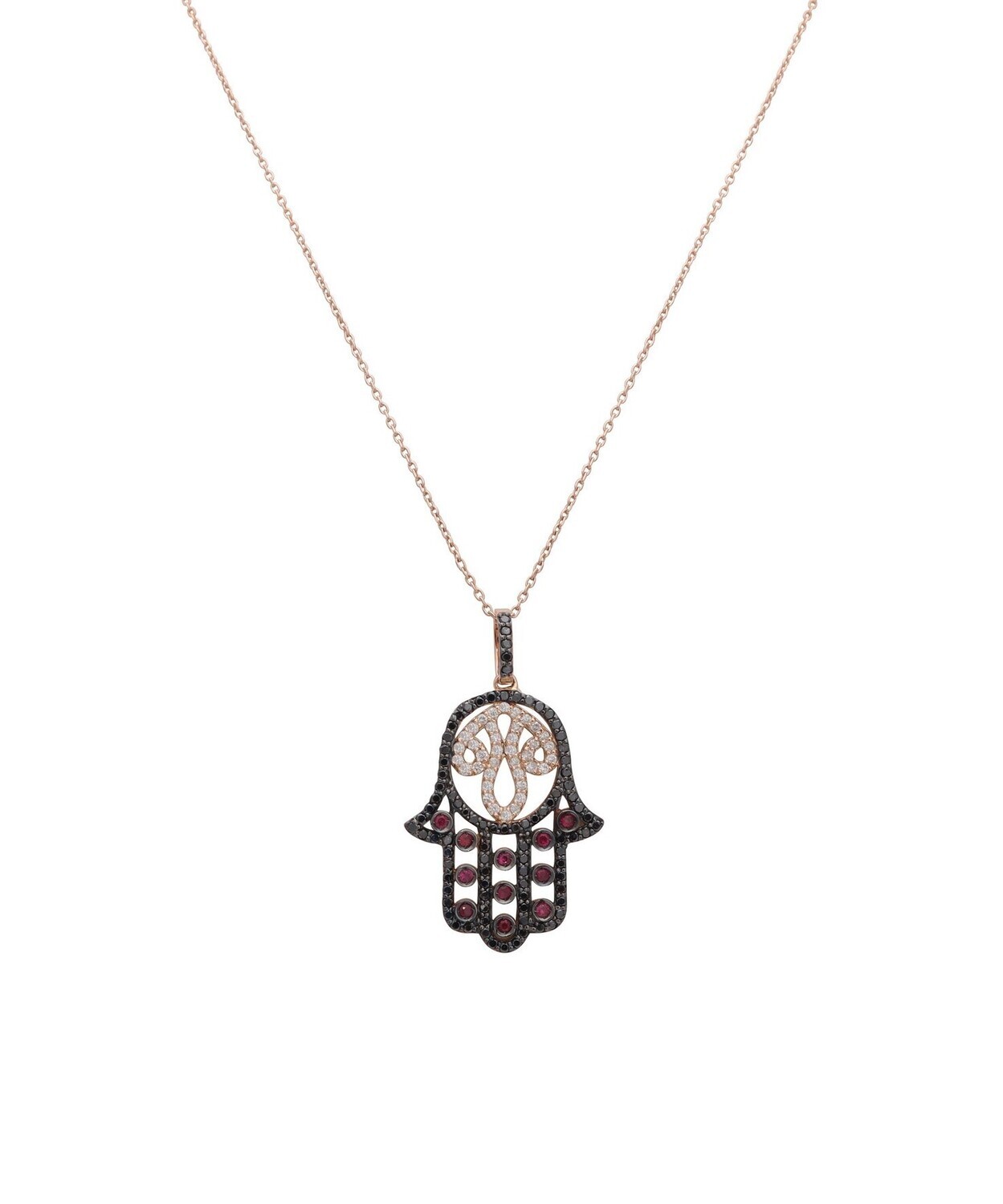Eternal Hand of Fatima Diamond Necklace with Ruby and Black Diamond