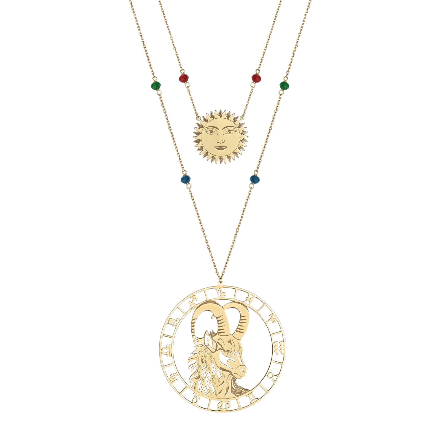 Zodiac Gold Capricorn Necklace with Sun Face and Colored Stones